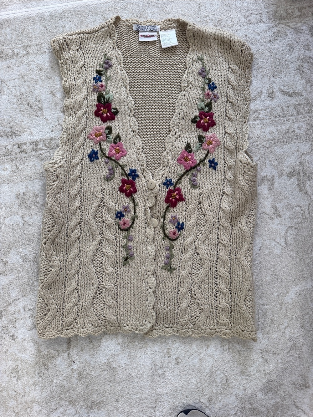 Bobbie Brooks Cream Cable Knit Floral Embroidered Tank
